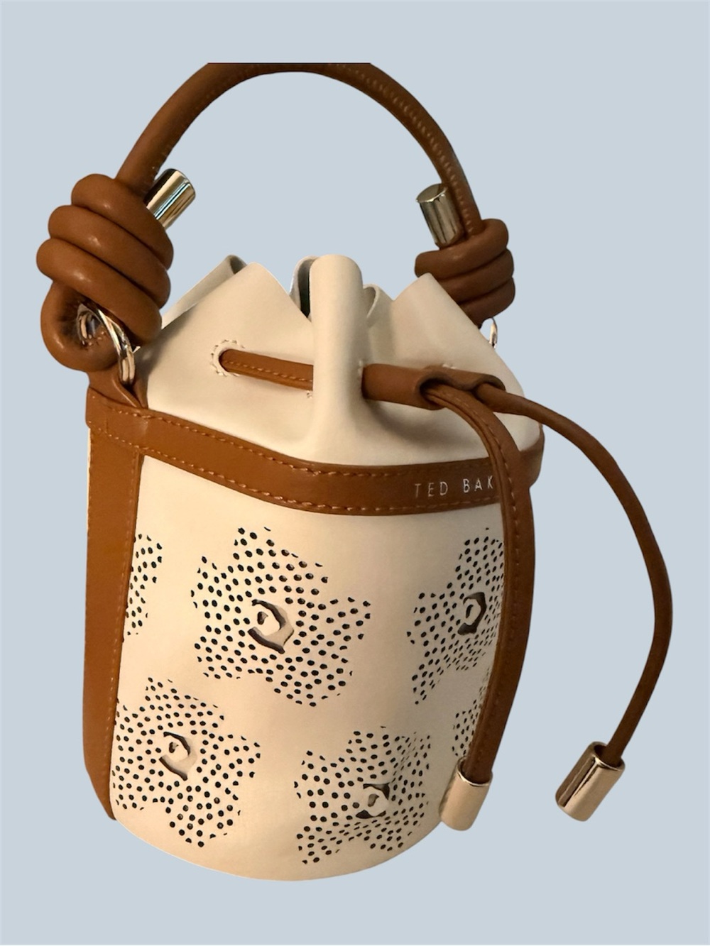 Ted Baker Cream & Tan Laser Cut Leather Floral Drawstring Mini Bucket Bag NWT